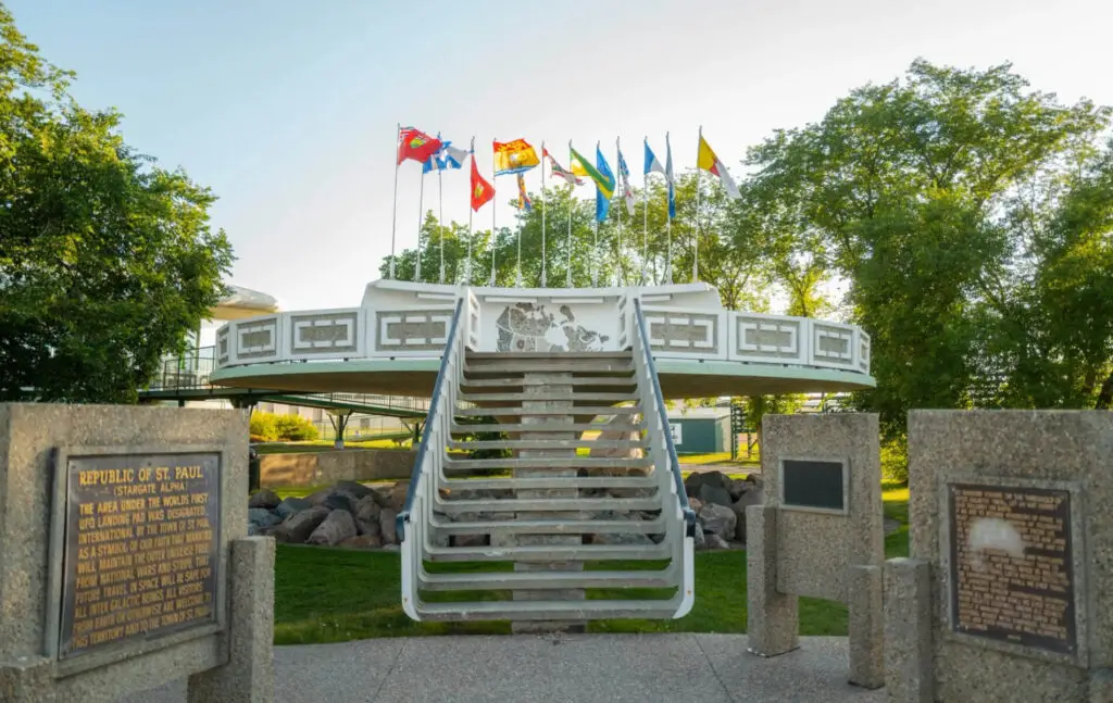 UFO landing pad monument with flags in St. Paul