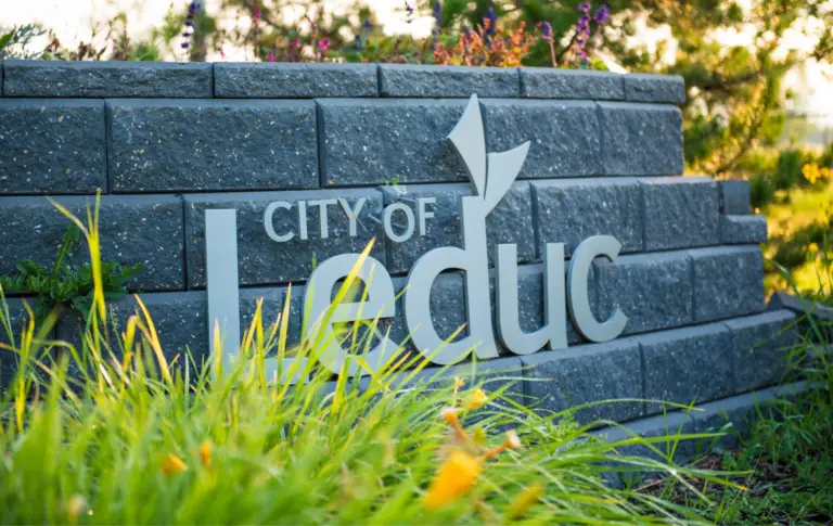 City of Leduc stone entrance sign with landscaping